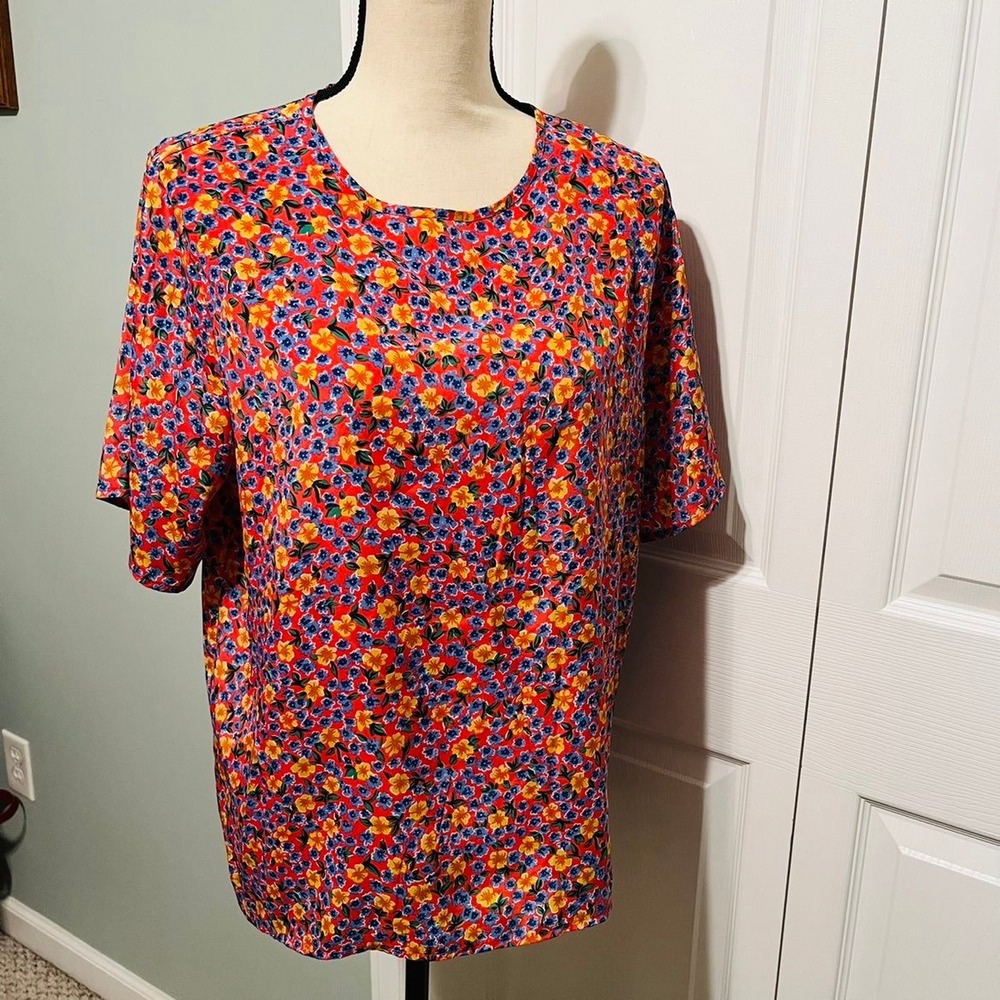 KATHIE LEE Womens Size 16 Pink Blue Spring Floral Short Sleeve Top Blouse